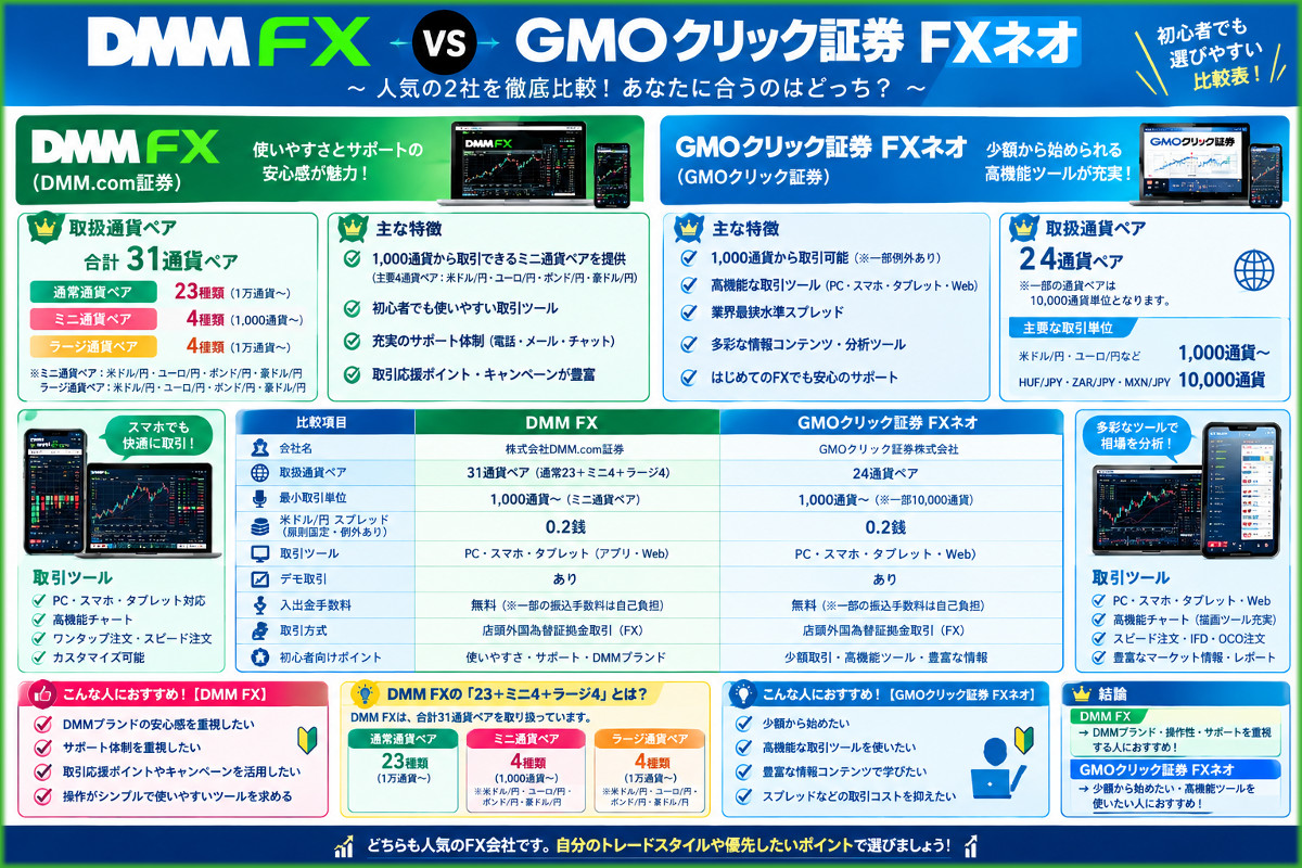 DMM FXとGMOクリック証券FXネオの徹底比較表