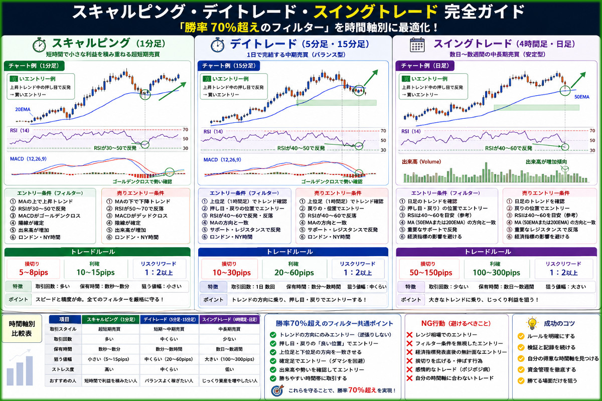 スキャルピング・デイトレード・スイングトレード完全ガイド（勝率70％超えのフイルター）